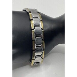 Mens Dual Magnetic Bracelet, 2-Tone Octagon Link Adjustable Unisex JAPAN